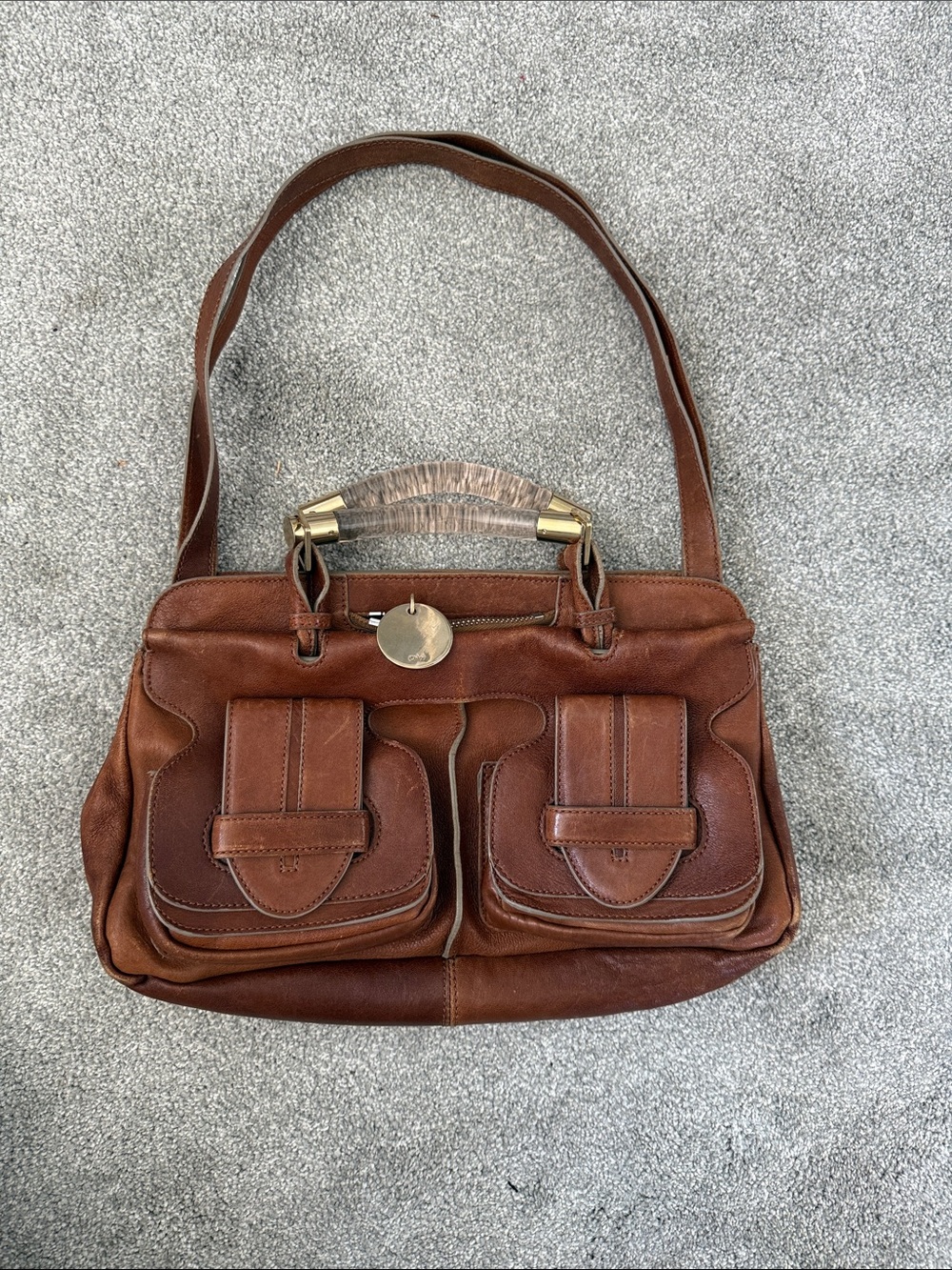 Chloe Saskia Brown Leather Shoulder Bag with Gold-Tone Accents